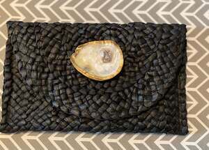 Black Woven Straw Coastal Clutch with Real Oyster Shell Accent